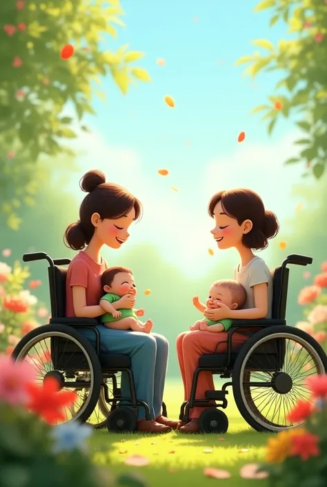  A quadriplegic woman in her motorized wheelchair next to another woman in a wheelchair who is holding a baby dressed in green, in a flowery and sunny garden  