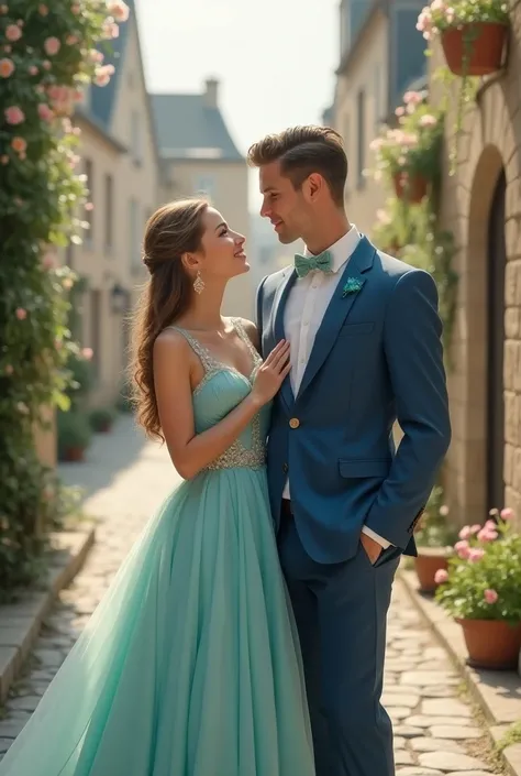 Girl in aqua-colored dress and boy in blue suit France