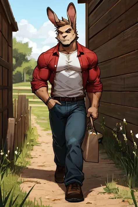 Rugged muscular rabbit farmer