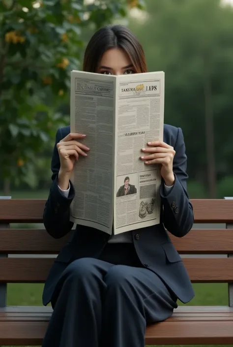 Make a woman who is reading the newspaper on a bench that says Coming Soon ( Have the newspaper cover his face )