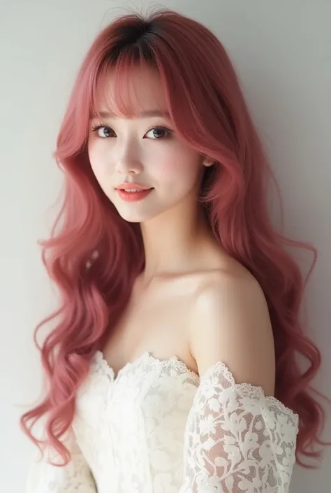 A Korean idol who have very long curls dark pink hair with bangs have very beautiful face and wears a white strapless lace dress