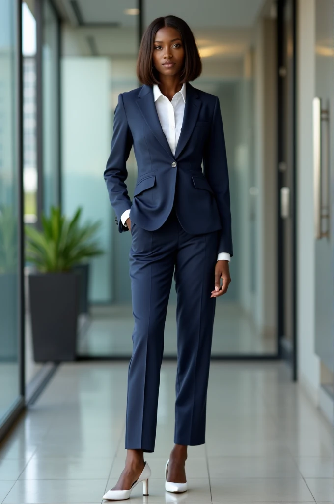 Black woman with short straight hair , Dressed in a dress suit with navy blue pants and white shirt, white high shoes at a business meeting 