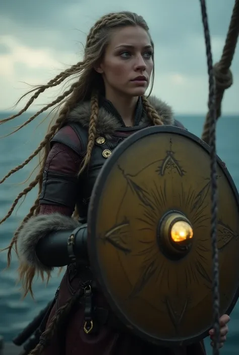 n a cinematic style, this scene has high resolution, intricate details, and is rendered using Unreal Engine. It captures her serious posture braving through the storm. The Shieldmaiden Look: Strong, with long braids and piercing eyes, she wears a leather t...