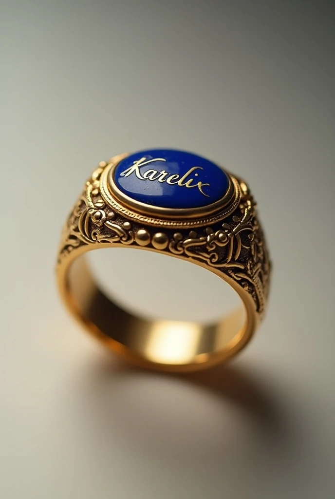 Name Karelix inscribed on a ring of gold and lapis lazuli