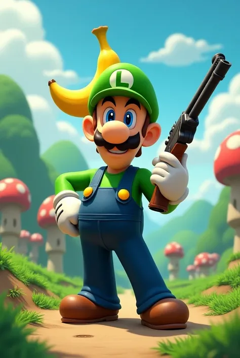 Create an image inspired by the character Luigi from the Mario Bros saga wearing a banana hat and holding a shotgun in his hands