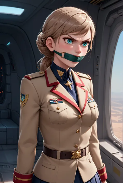 Woman Caucasian military strategy commander Slavic facial features, straight,look like angry, light brown hair reaching her shoulders. Her eyes are bright turquoise.. Her head is turned slightly to the right near her should. Her military uniform is white w...