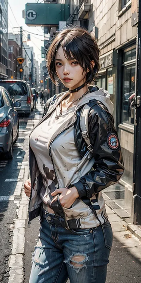 Best Quality Realistic 1 Girl, Rain, Super Big Breasts Jacket, Outdoor, Hoodie, Open Jacket, Chain, Backpack, Looking at Others, Messy Hair, 8K Ultra HD, Very Fine, Anatomically Accurate, Clear Image, Concept Art, Digital Painting, Shinkai Makoto Style, Ar...