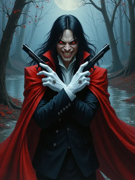 Alucard du manga Hellsing, sombre et intense avec de longs cheveux noirs flottants et des yeux rouges perçants. Alucard souris découvrant les crocs dans un grognement menaçant, transmettant la terreur et porte une tenue noire et rouge, comprenant un mantea...