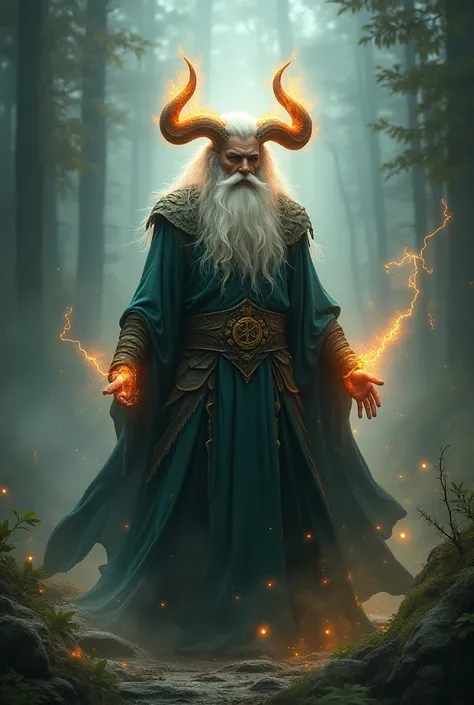 A Druid Man with white hair and fire horns wearing electric clothes