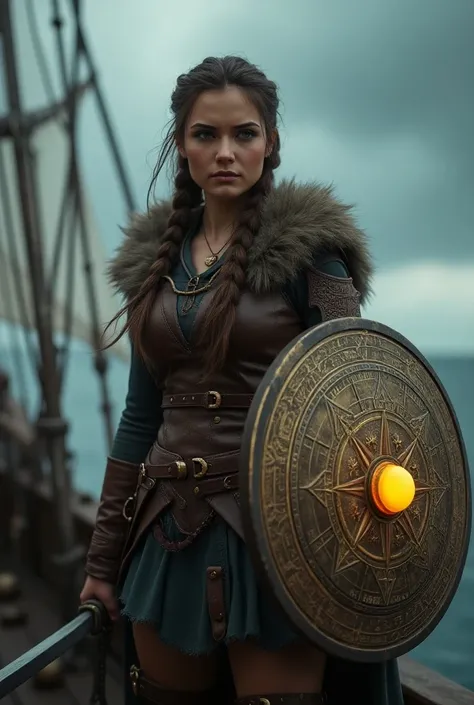 in a cinematic style, this scene has high resolution, intricate details, and is rendered using Unreal Engine. It captures her serious posture braving through the storm. The Shieldmaiden Look: Strong, with long braids and piercing eyes, she wears a leather ...