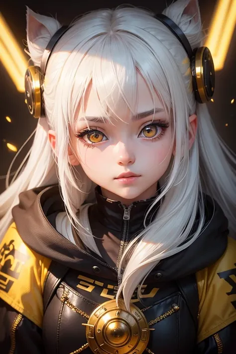 mksks style,  1 girl, cute,  surrounded by yellow lighting, gold eyes,   white hair,  black background, closeup, no smile , masterpiece,  very detailed 