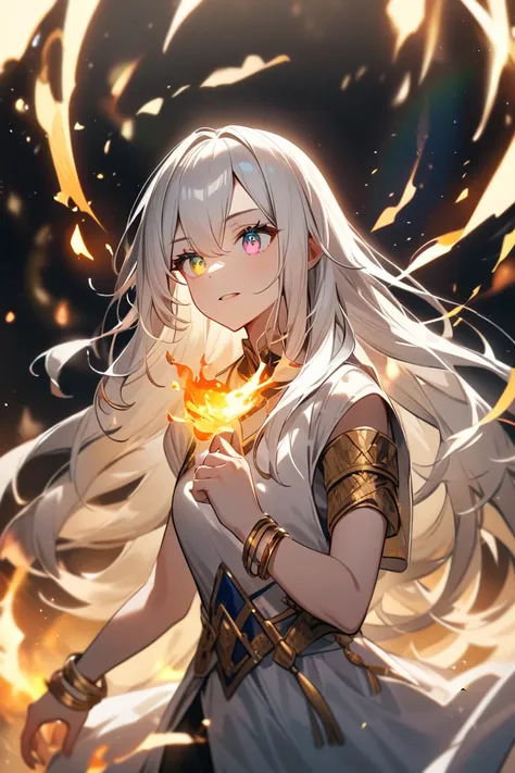 White-haired girl with fire, rainbow eyes, light clothing, gold bracelets, Women,  long hair 