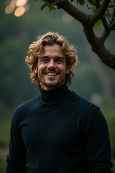 Alexandre Toledo from "A Viagem," smiling widely while standing in a dark, outdoor setting. He has curly blonde hair and is wearing a dark turtleneck sweater. A tree branch is visible in the foreground.