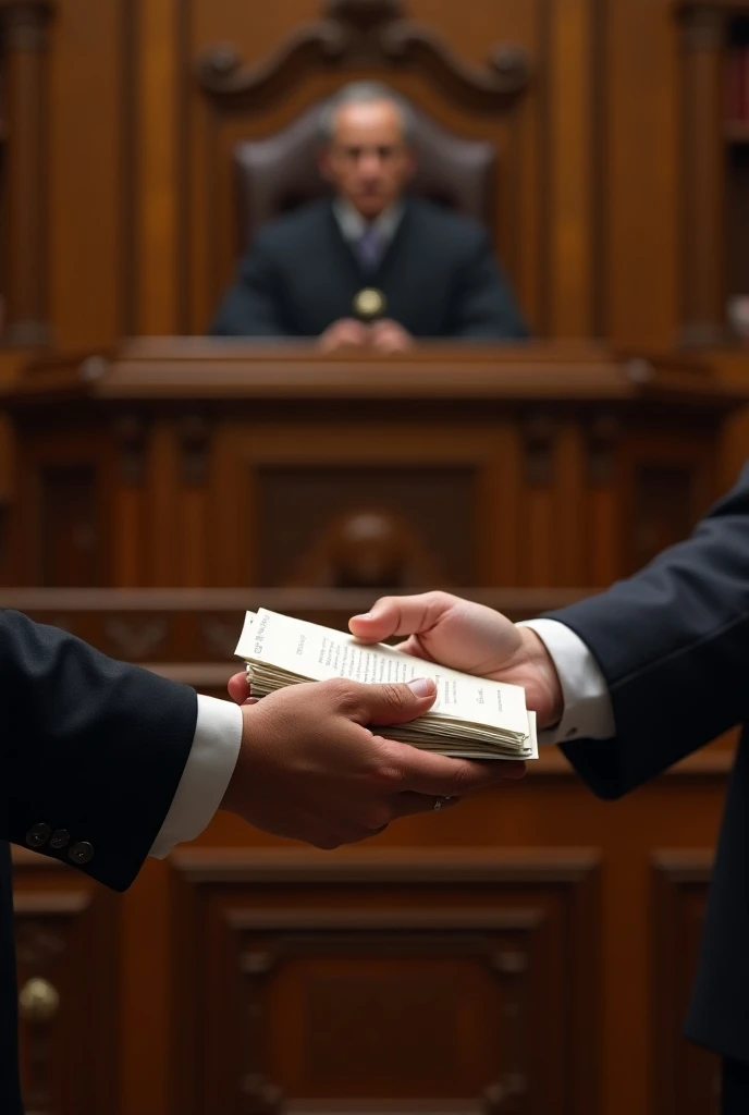 a person (Just the hand handing over documents to a judge in a court 