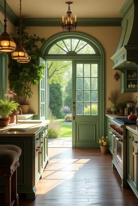 Kitchen victorian green French doors island