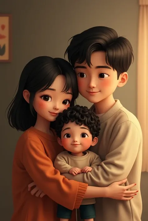 Family of three mom small eyes straight black hair and brown skin dad is skinned and has Chinese eyes and hair
Black colocho and the boy straight hair brown little Chinese eyes and fair skin 