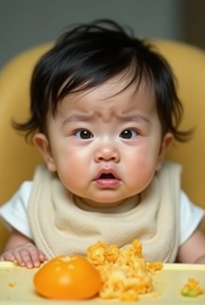  A six-month-old Korean baby . She has thick black hair, small nose, the small face, thin almond shaped eyes,  full lips with Cupids bow well drawn in the shape of a heart .  She has a disgusted expression 

Shes sitting in a fruit-eating chair and shes we...