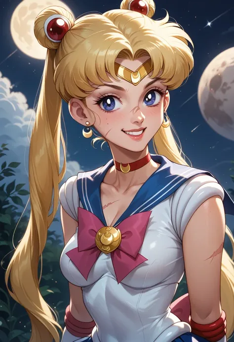 A Sailor moon milf with war marks on her body, stripped of her clothes, with a happy face, with a sensual pose, a night scene, her skin with scars.