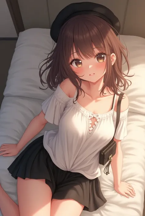 an attractive young anime girl with brown hair and expressive eyes, wearing a white off-the-shoulder blouse and a short black skirt. She wears a black beret and carries a leather bag, conveying a modern and casual style. She is lying on a bed with her ass ...