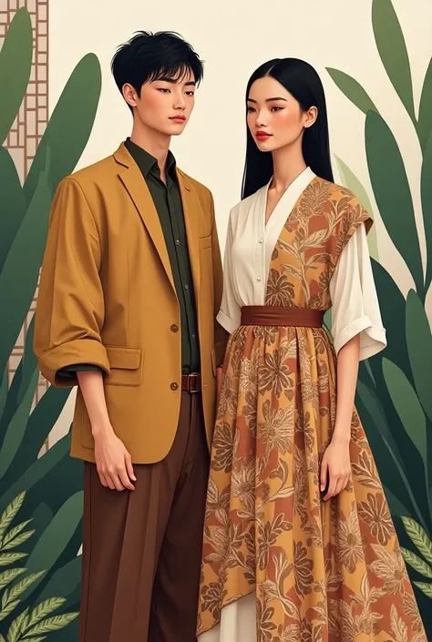 create a design for male and female using indonesian costume concept with a touch of modernity.