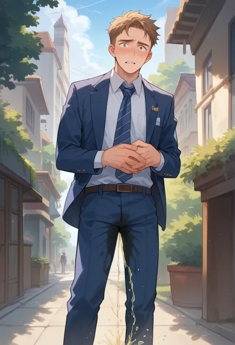 20 years old slender and mascular man, wearing blue suit. He is peeing himself in the City. He couldnt hold his pee. There is a large pee wet spot on his crotch. Pee stain on his pants. Pee wet spot on his crotch. He is ashamed of peeing himself.