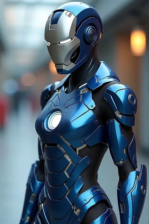 Create a realistic Ironman Suit for a woman using advanced nanotechnology. The suit should be sleek and form-fitting, with a metallic sheen, primarily blue and accents of silver. The design should fit a female body, with the helmet being streamlined and sl...