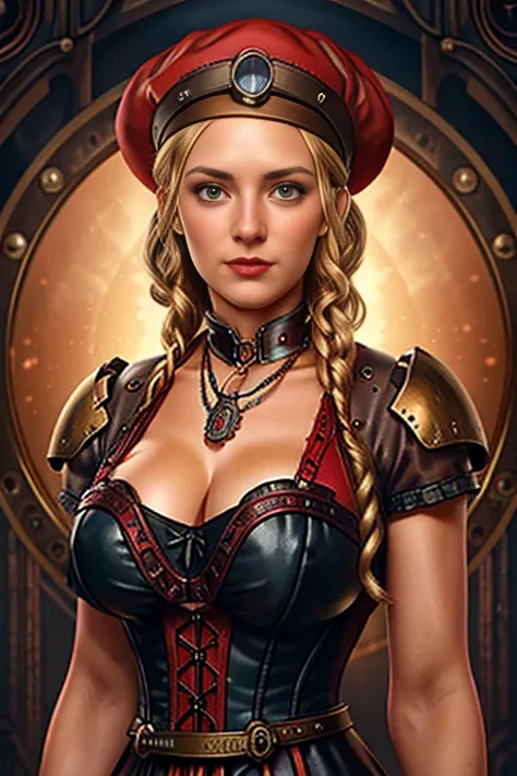 Close-up,  straight hair blonde short curly  girl the little red hat,  watch on necklace , (victorian era ), ((Steampunk)), Camera work , worked , Elegant, carefully, Great, Maximum detail accuracy,   Extremely hyperesthetic  ,  intricately detailed , lots...