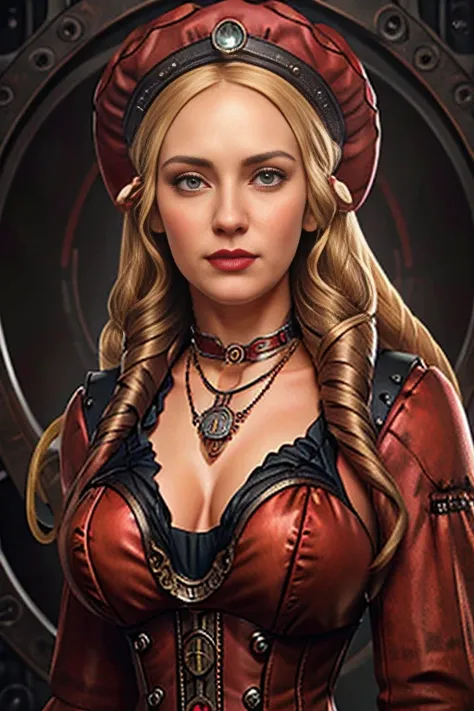 Close-up,  straight hair blonde short curly  girl the little red hat,  watch on necklace , (victorian era ), ((Steampunk)), Camera work , worked , Elegant, carefully, Great, Maximum detail accuracy,   Extremely hyperesthetic  ,  intricately detailed , lots...