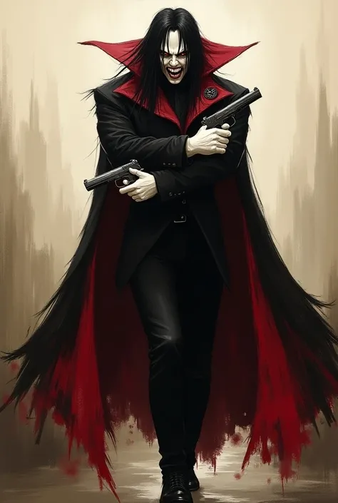 Alucard du manga Hellsing, sombre et intense avec de longs cheveux noirs flottants et des yeux rouges perçants. Alucard souris découvrant les crocs dans un grognement menaçant, transmettant la terreur et porte une tenue noire et rouge, comprenant un mantea...