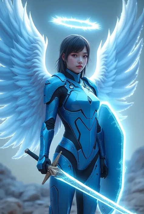 Teen Hero girl with technological blue iron armor from the future. Large Glowing Angel wings, shield of the future, Lightning sword. With a halo on the head