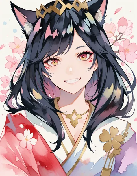 create images of Ahri, champion of league of legends, in her spiritual flourish skin. The image should highlight an expressive and dynamic face, with abstract elements in the background and painting with watercolor techniques. The images must contain cherr...