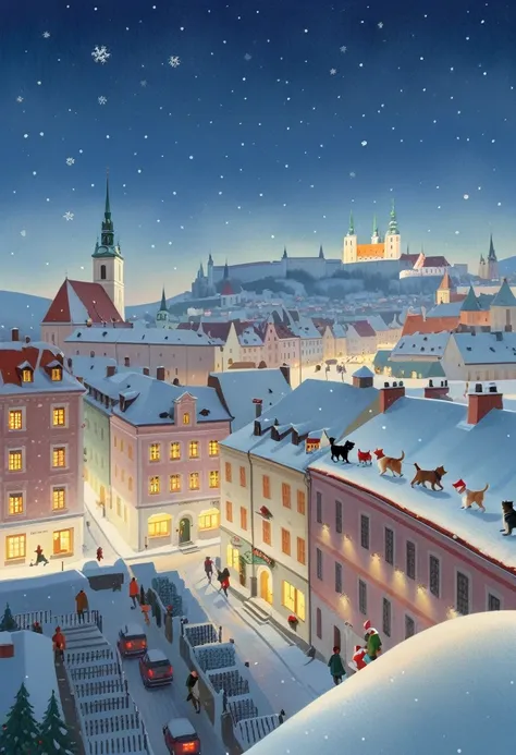 new yorker christmas cover illustration with small town in europe like bratislava, snow flakes, peoples walking, dogs on streets, cats on roof