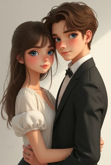 I need you to create a realistic picture. In the picture, there will be a girl and a boy. The girl has blue eyes, brown hair, bangs, and freckles. She has a graceful body. She is 170 cm tall. The boy is also 190 cm tall. He has a well-built body, meaning h...