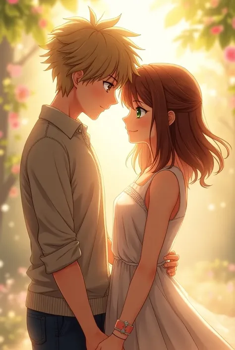 Anime guy dark blond amber eyes girl brunette green eyes holding hands