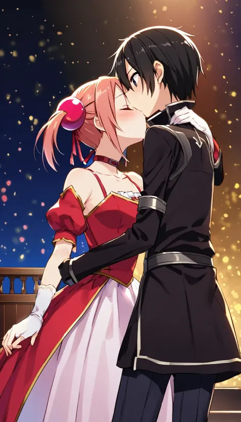 Silica on stage making out with Kirito playing the role of Romeo and Juliet