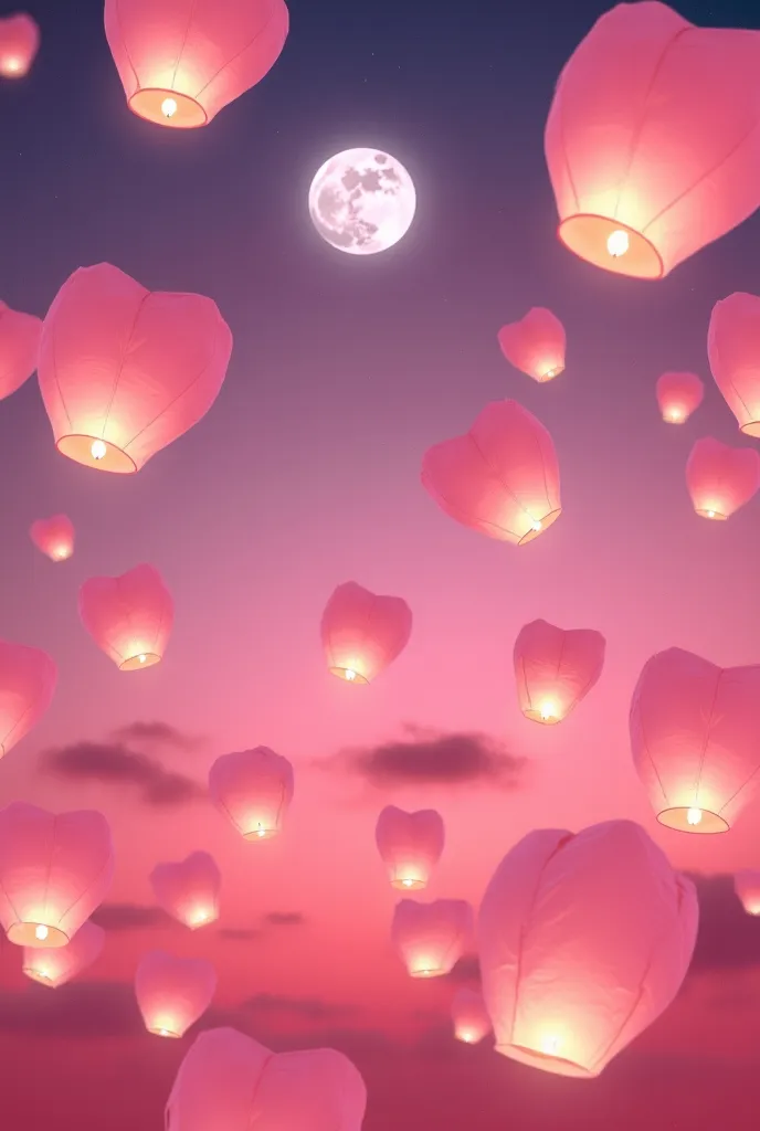 floating lantern、 heart-shaped lanterns 、pink lights 、 many lanterns spreading in the sky 、 contrast between pink sky and white ...