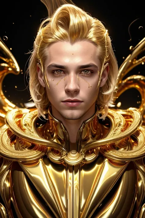 a 22 year old man in a trance, glowing golden eyes, thick gold smoke, dripping liquid metallic gold, glowing liquid metallic golden collar, MIDAS ENTERPRISES INDUCTION BEGINS HERE, high quality, 8k, photorealistic, fantasy, sci-fi, dramatic lighting, vibra...