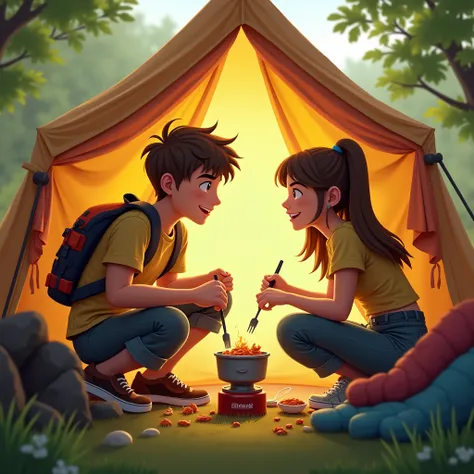 "Two young people in a tent ,  one cooking and the other asking for food with a hungry expression."