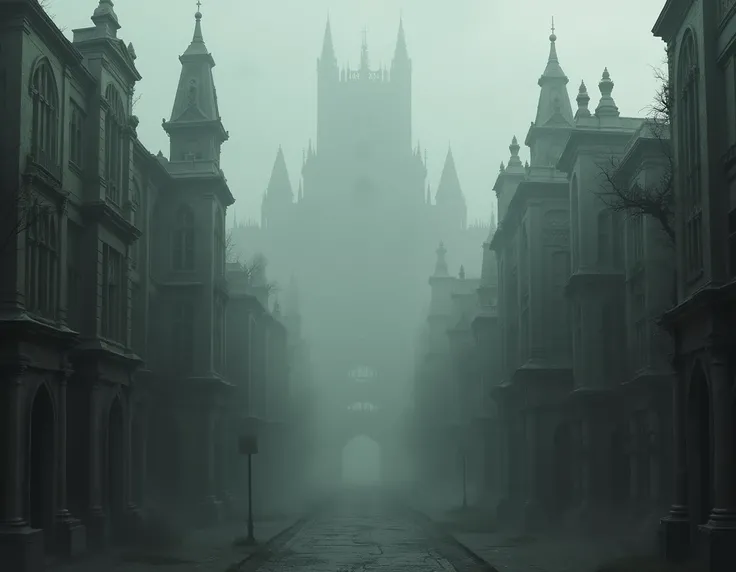 A silent, misty fantasy cityscape in shades of gray, narrow streets with no people, tall buildings in classic styles with intricate, strange details, decayed areas, subtle distortions making some structures look odd and inexplicable, shadowy ambiance, mist...