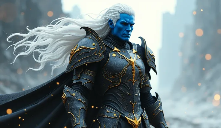 a defiant skinny male scifi knight, blue skin, long white hair, (best quality,4k,8k,highres,masterpiece:1.2),ultra-detailed,(realistic,photorealistic,photo-realistic:1.37),fantasy, sci-fi, character design, conrad roset, greg rutkowski, makoto shinkai, low...