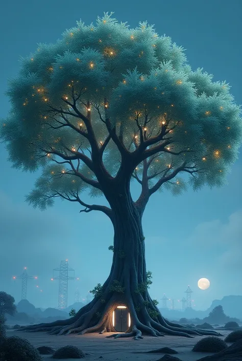 1. Tree Structure:

Draw a large, sturdy trunk with roots at the base for stability. Branches should extend outward like real trees, but have bioluminescent leaves with visible solar panel or “artificial leaf” designs.



2. Lighting:

Show soft, glowing l...