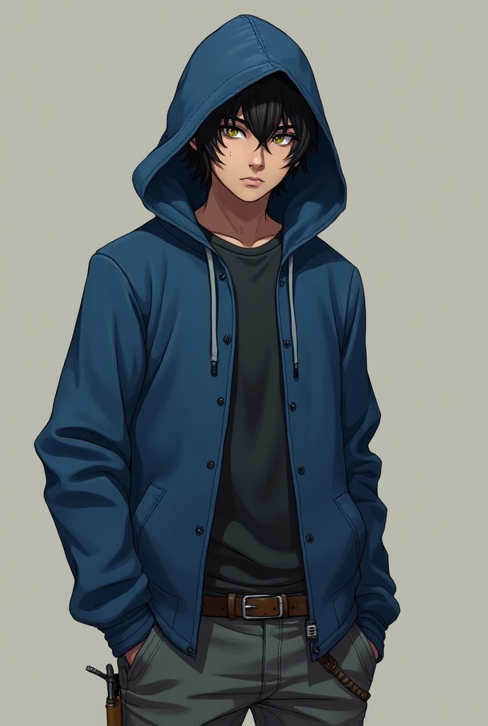 Adult of 20 years old  ,  he wears a blue hood  , On his waist he wears gray pants with a knife hidden in them and on the left side of the pants he wears a holster where he keeps a magnum ,  the color of his hair is black  ,  the color of his eyes are yell...