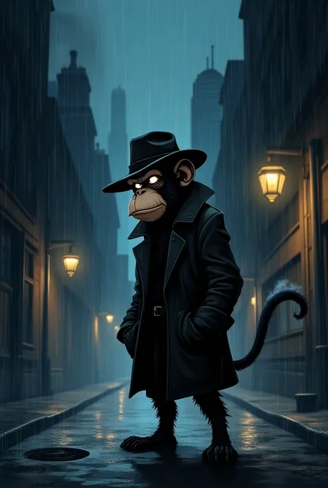 Noir cartoon style monkey detective