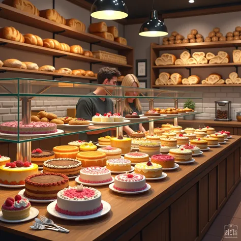 German bakery。Showcase々 kinds of bread and sandwiches lined with cakes、ケーキが並んでいる。