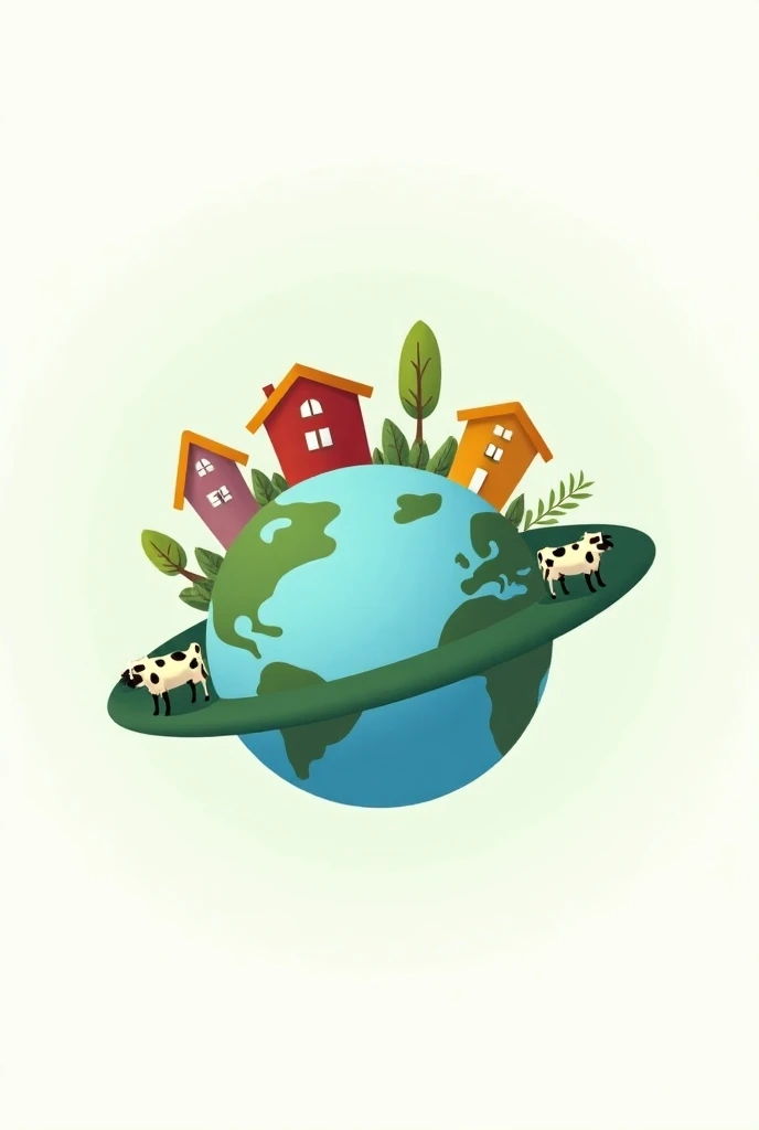 Give me an image of a planet Earth with houses ,  cows and crops as a logo style the houses that are around
