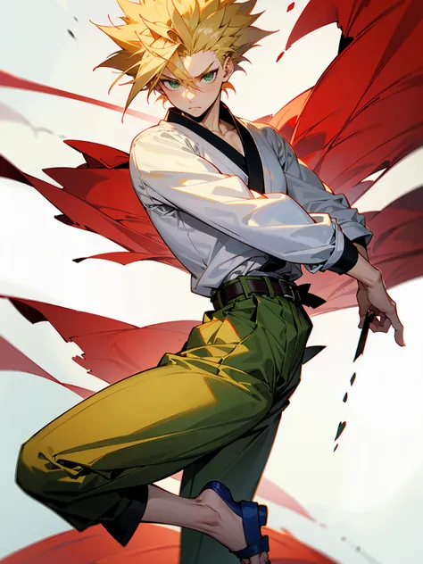 1male , messy pale blonde hair , green eyes , Spiked Hair , Calm Expression , White Longsleeve Shirt , Sash Belt , Baggy Pants , Martial Artists Sandals , Perfect Generation, Masterpiece Quality 