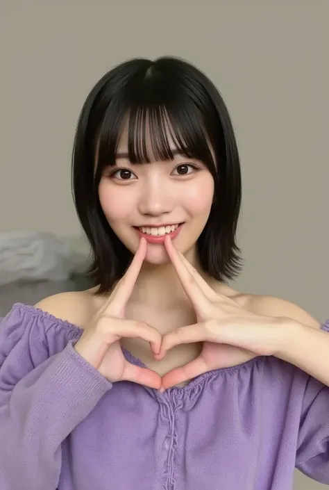 Only one woman with a cute smile wears cute, fluffy off-shoulder pajamas, makes a big heart shape with both hands, and poses them in front of her chest, View above collarbone、The background is a monotone 

