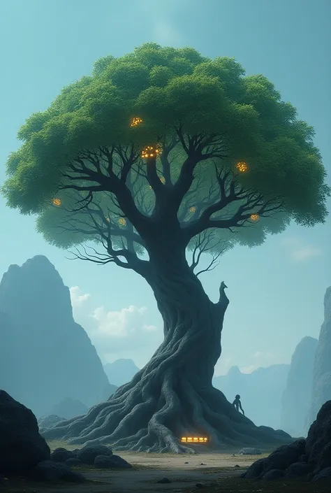 1. Tree Structure:

Draw a large, sturdy trunk with roots at the base for stability. Branches should extend outward like real trees, but have bioluminescent leaves with visible solar panel or “artificial leaf” designs.



2. Lighting:

Show soft, glowing l...