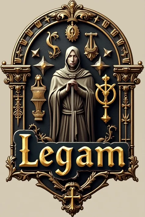 Medieval logo for a study group called LEGAM with authority and gender symbols, there may be human figures 