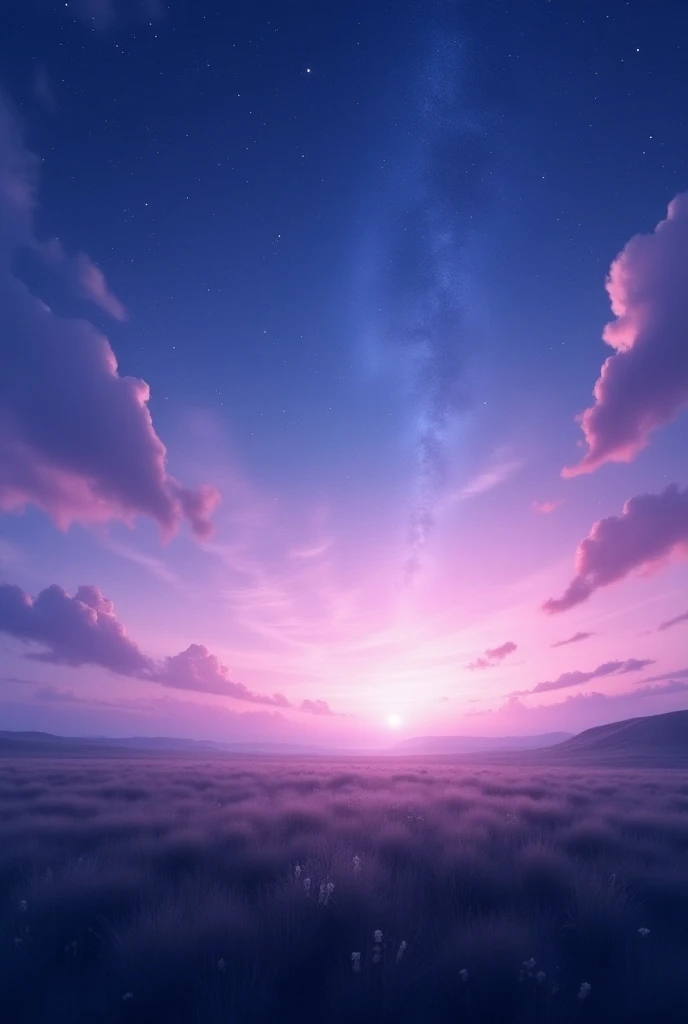 A serene landscape with an open field under a sky full of twinkling stars. The scene is lit by soft, cosmic lighting with a gradient of pastel pinks, purples, and blues. A faint glow from distant constellations suggests a tranquil and magical atmosphere, w...